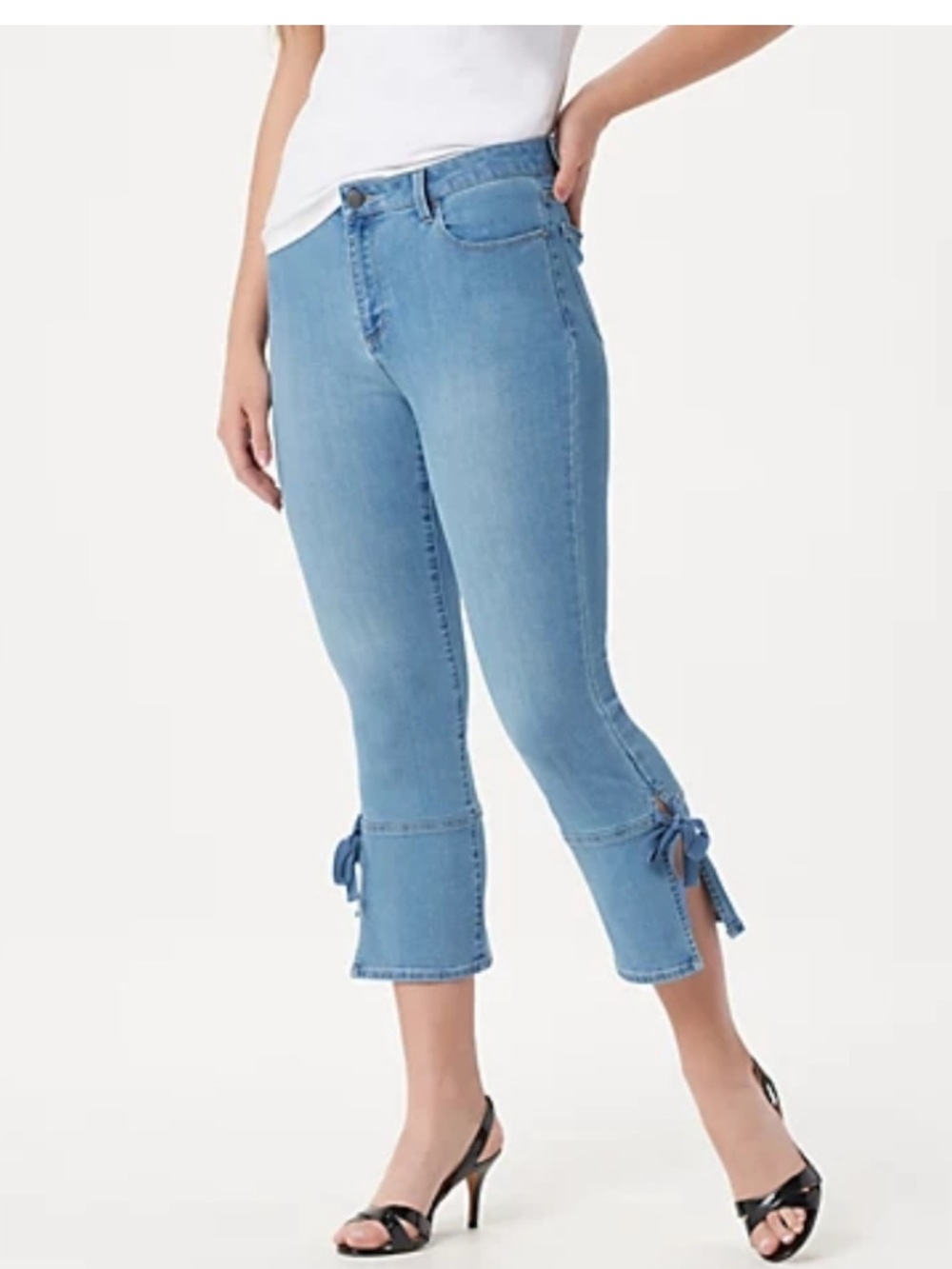 Susan Graver Denim Capri Jeans Women 22W Blue Cropped Tie Bow Split Side Cuffs